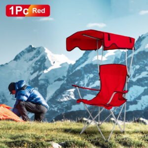 Red portable camping chair with canopy